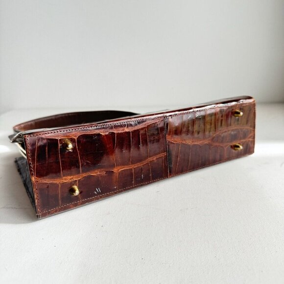 Vintage 50s 60s Crock Skin Brown medium Top Handle Bag - Picture 9 of 16